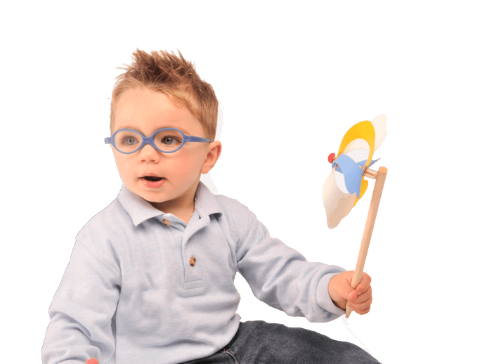 Toddler boy with rubber blue eyeglasses